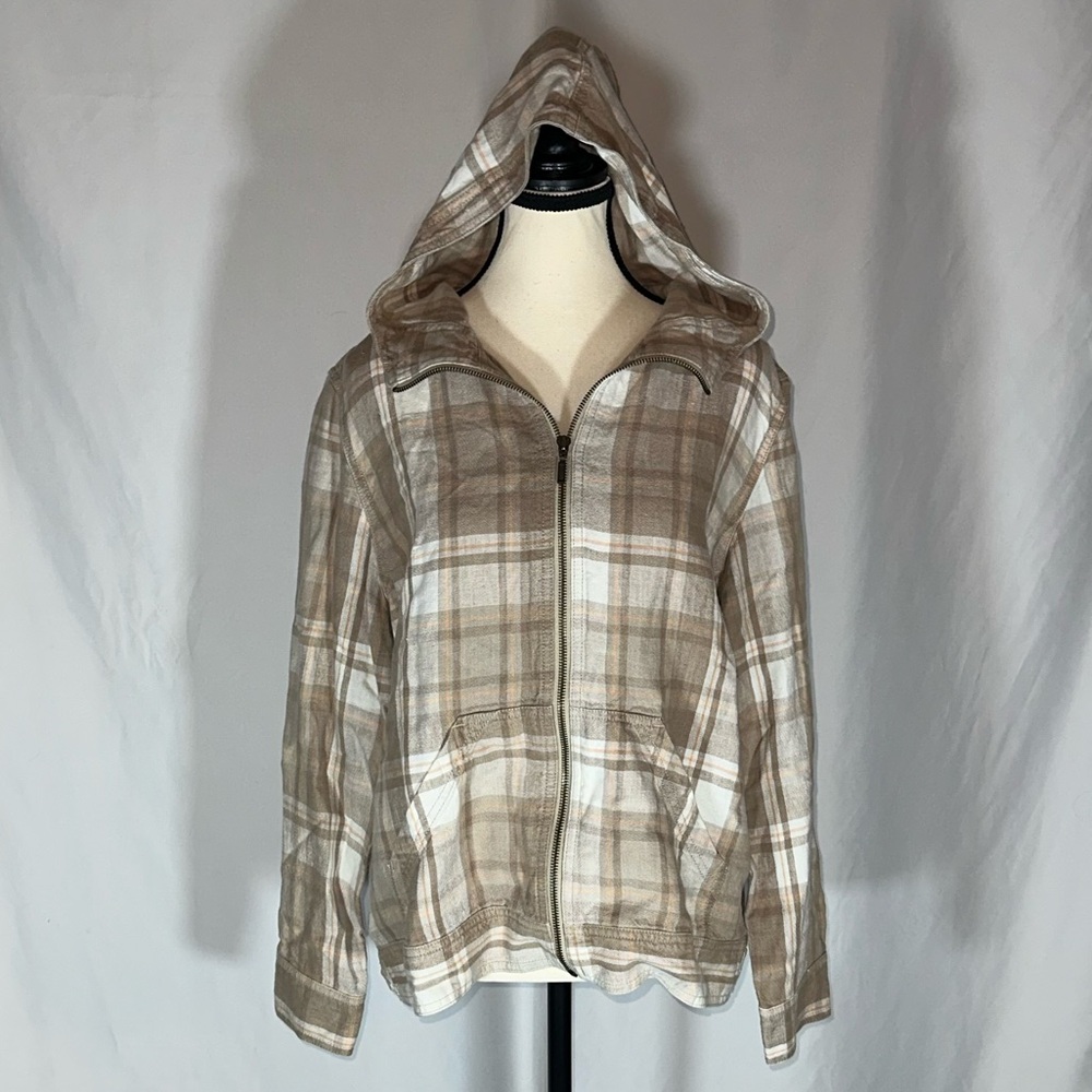 EDDIE BAUER • Linen Hooded Jacket Womens Sz L Tan Plaid Full Zip Lightweight EUC